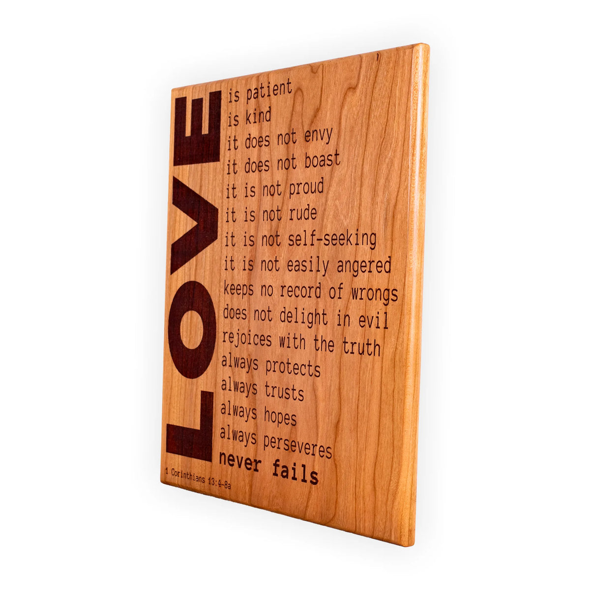 1 Corinthians 13 Love Is Patient Plaque – Handcrafted Engraved Cherry Wood Scripture Wall Art