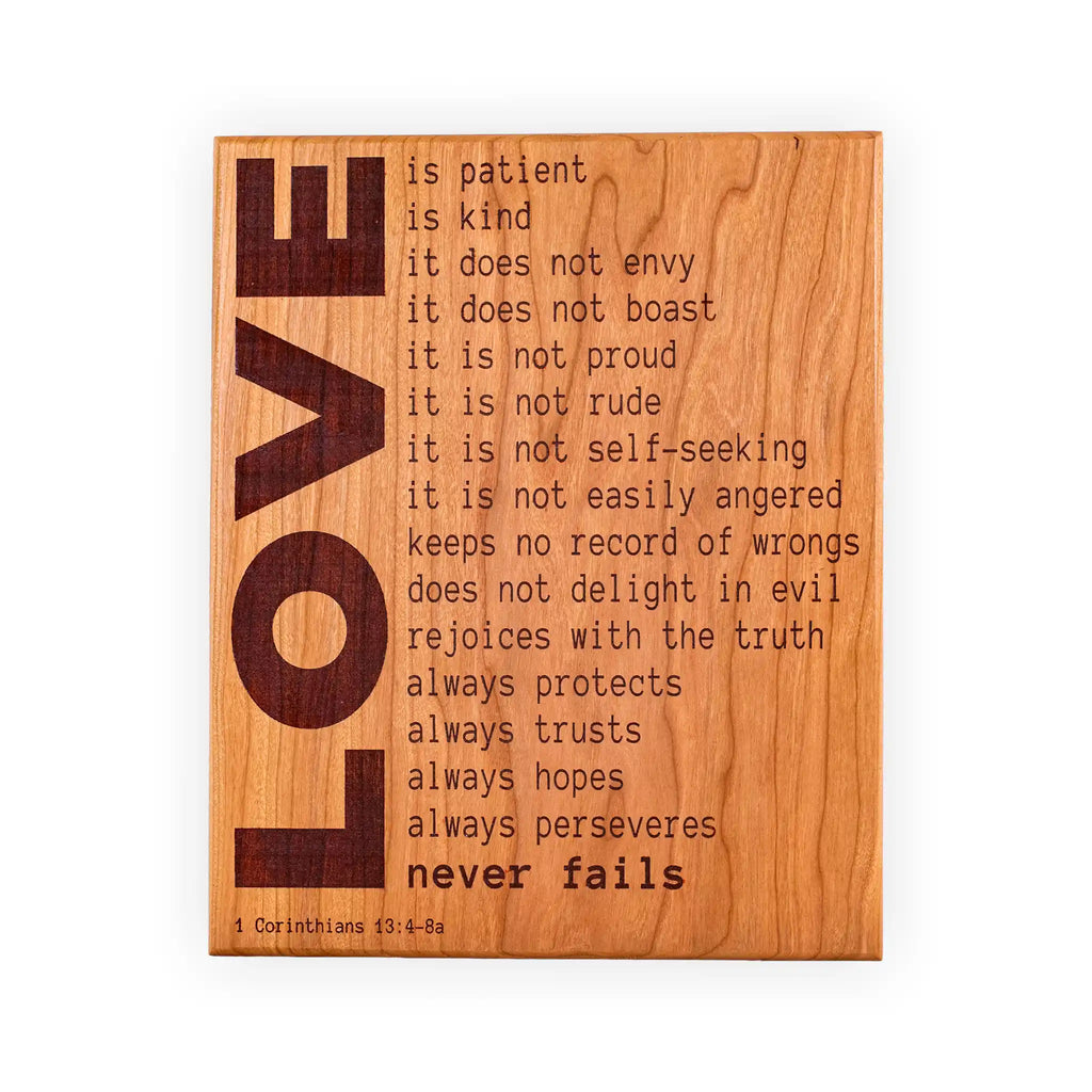 1 Corinthians 13 Love Is Patient Plaque – Handcrafted Engraved Cherry Wood Scripture Wall Art