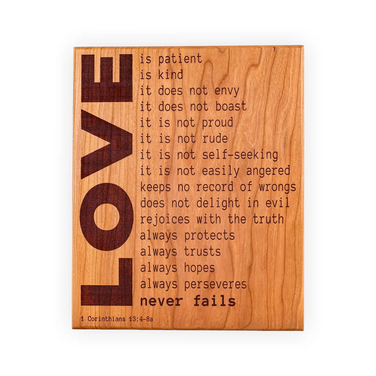 1 Corinthians 13 Love Is Patient Plaque – Handcrafted Engraved Cherry Wood Scripture Wall Art