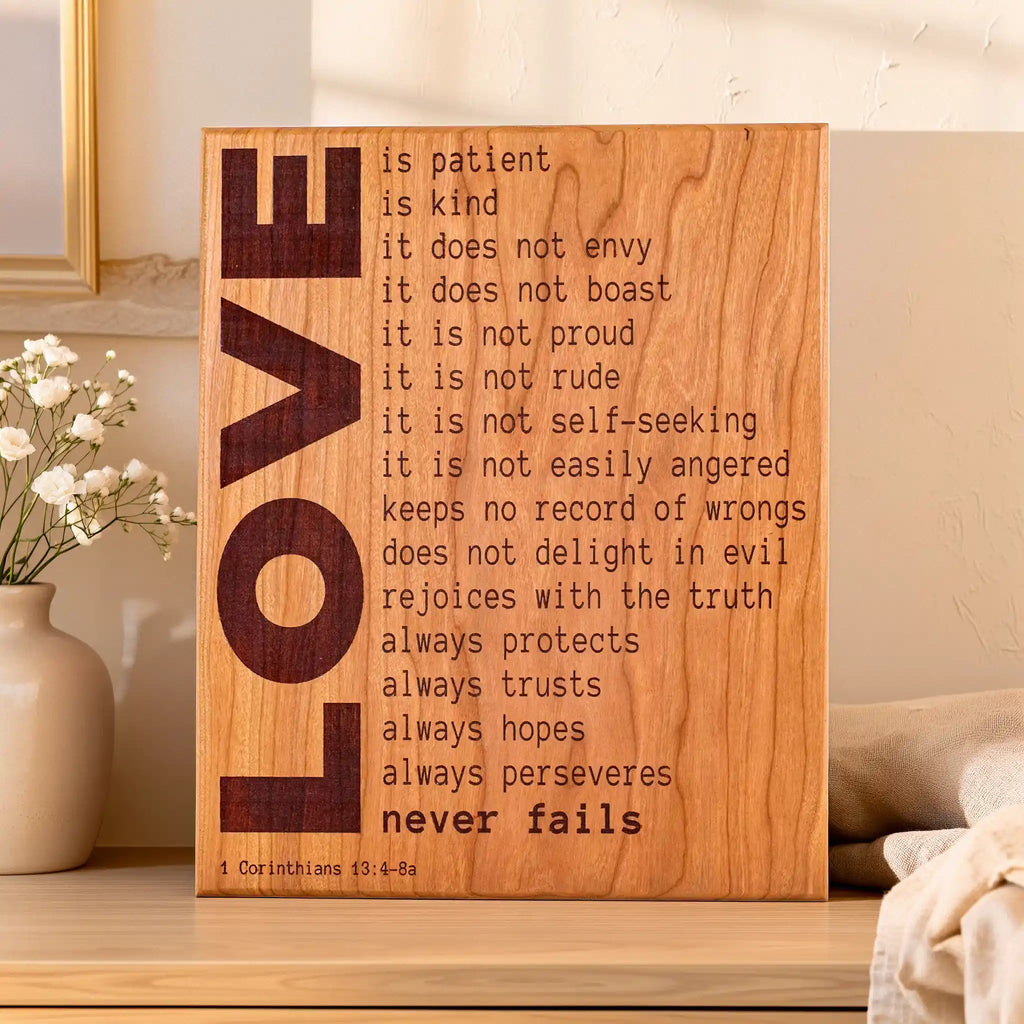 1 Corinthians 13 Love Is Patient Plaque – Handcrafted Engraved Cherry Wood Scripture Wall Art