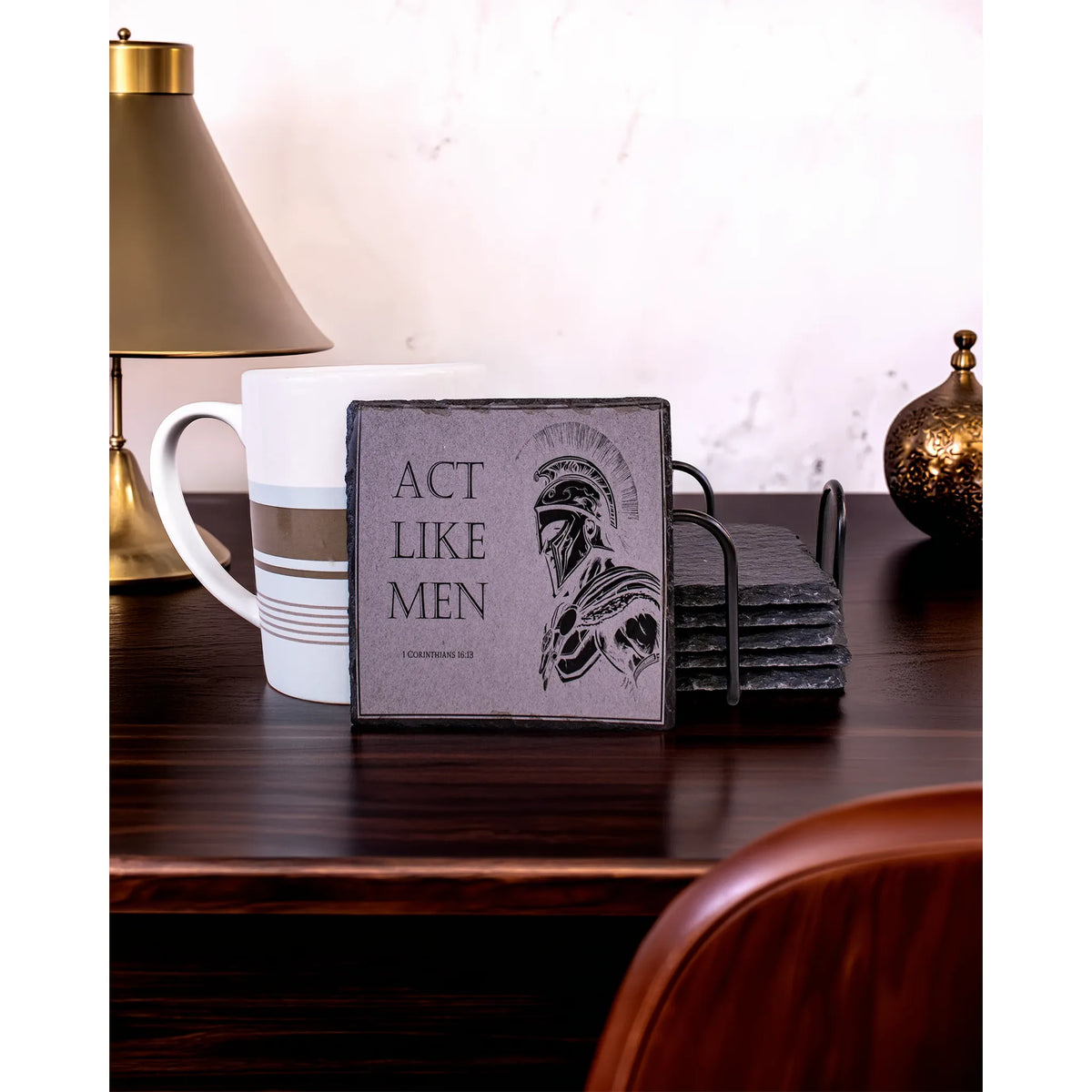 Act Like Men Engraved Slate Coaster – 1 Corinthians 16:13 Christian Gift