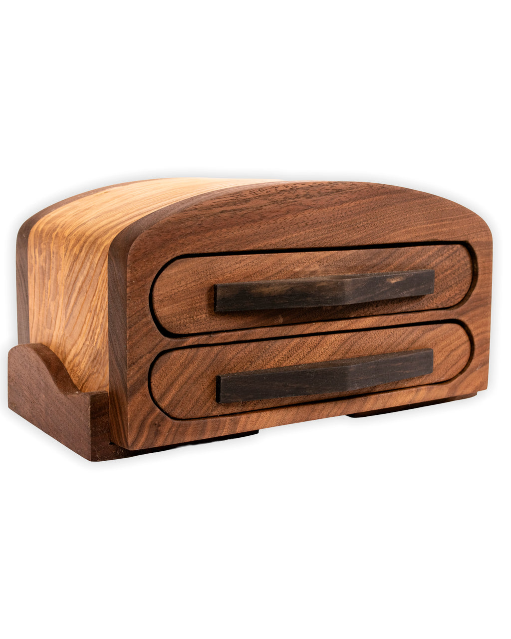A small wooden storage box with two drawers, featuring a warm medium-brown wood body, lighter natural wood top, and dark brown handles, shown on a plain white background.