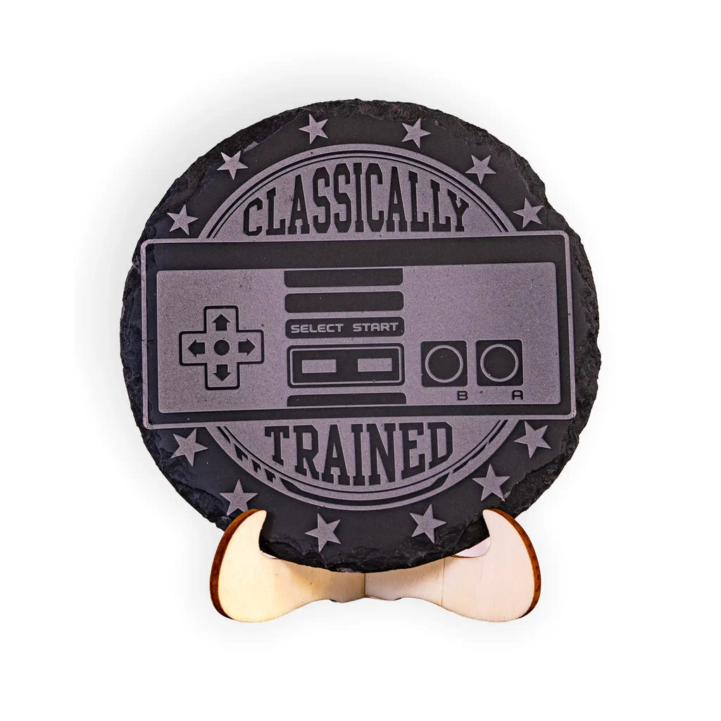 “Classically Trained” Retro Gamer Engraved Slate Coaster Set with Holder