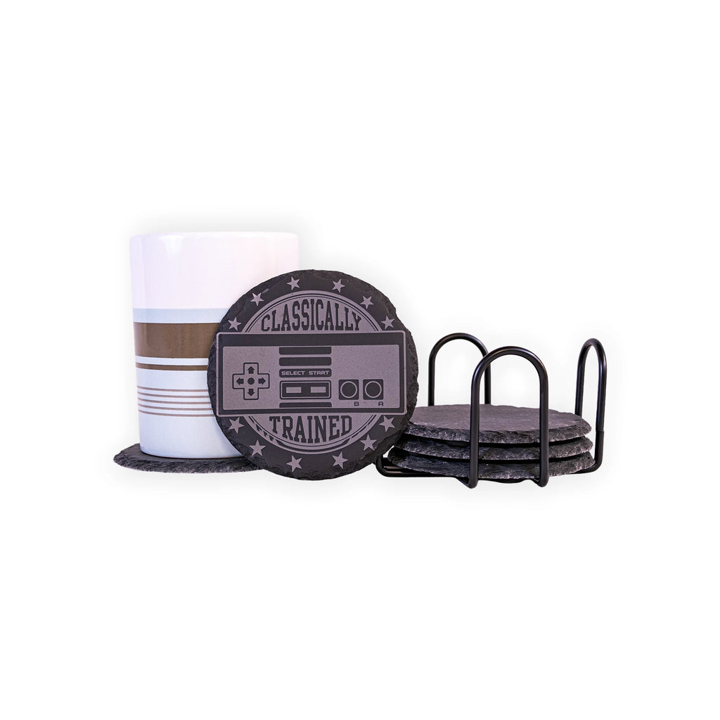 “Classically Trained” Retro Gamer Engraved Slate Coaster Set with Holder