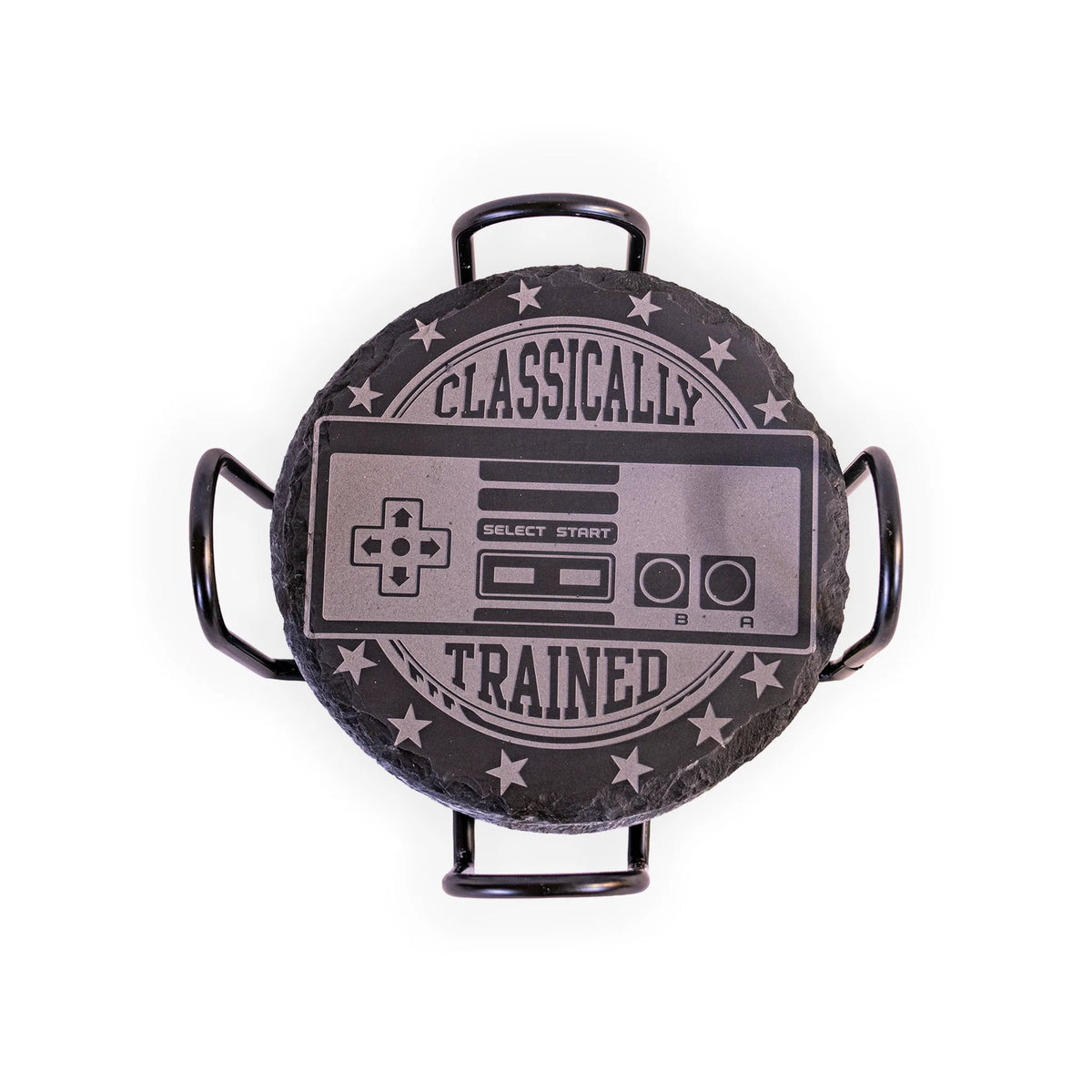 “Classically Trained” Retro Gamer Engraved Slate Coaster Set with Holder