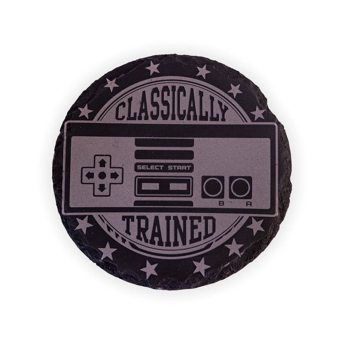“Classically Trained” Retro Gamer Engraved Slate Coaster Set with Holder