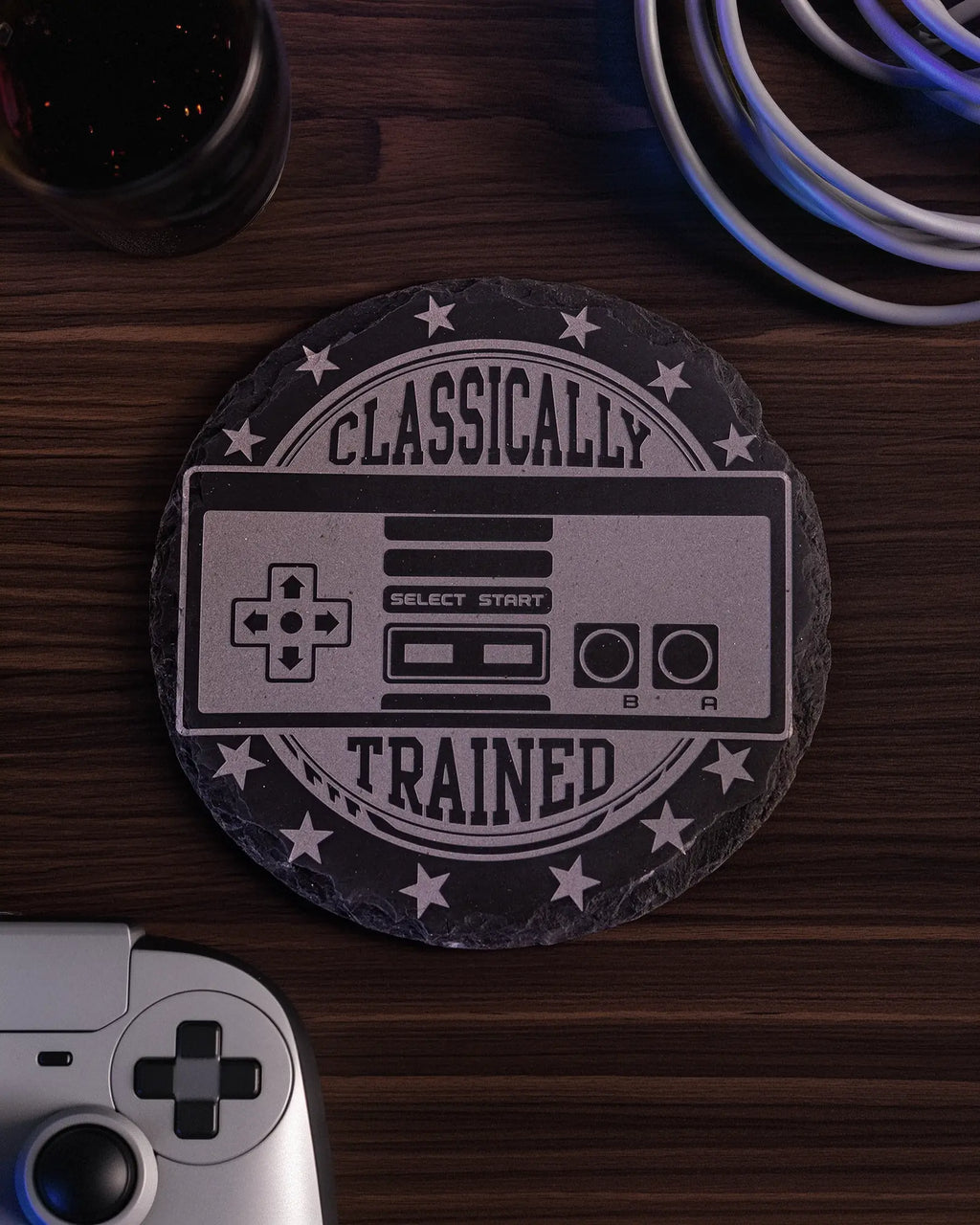 “Classically Trained” Retro Gamer Engraved Slate Coaster Set with Holder
