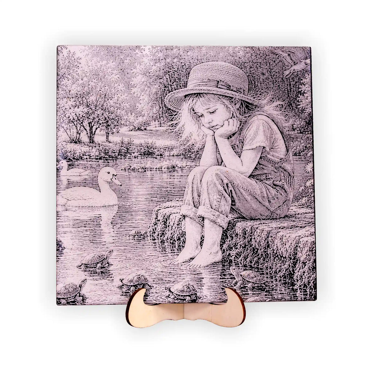Girl by the River Engraved Ceramic Art Tile – 6-Inch Nature Scene