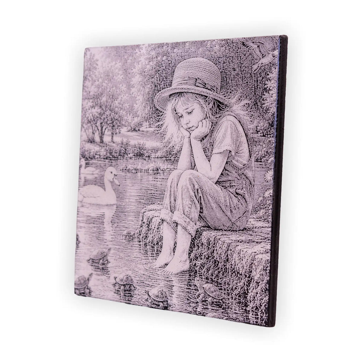 Girl by the River Engraved Ceramic Art Tile – 6-Inch Nature Scene