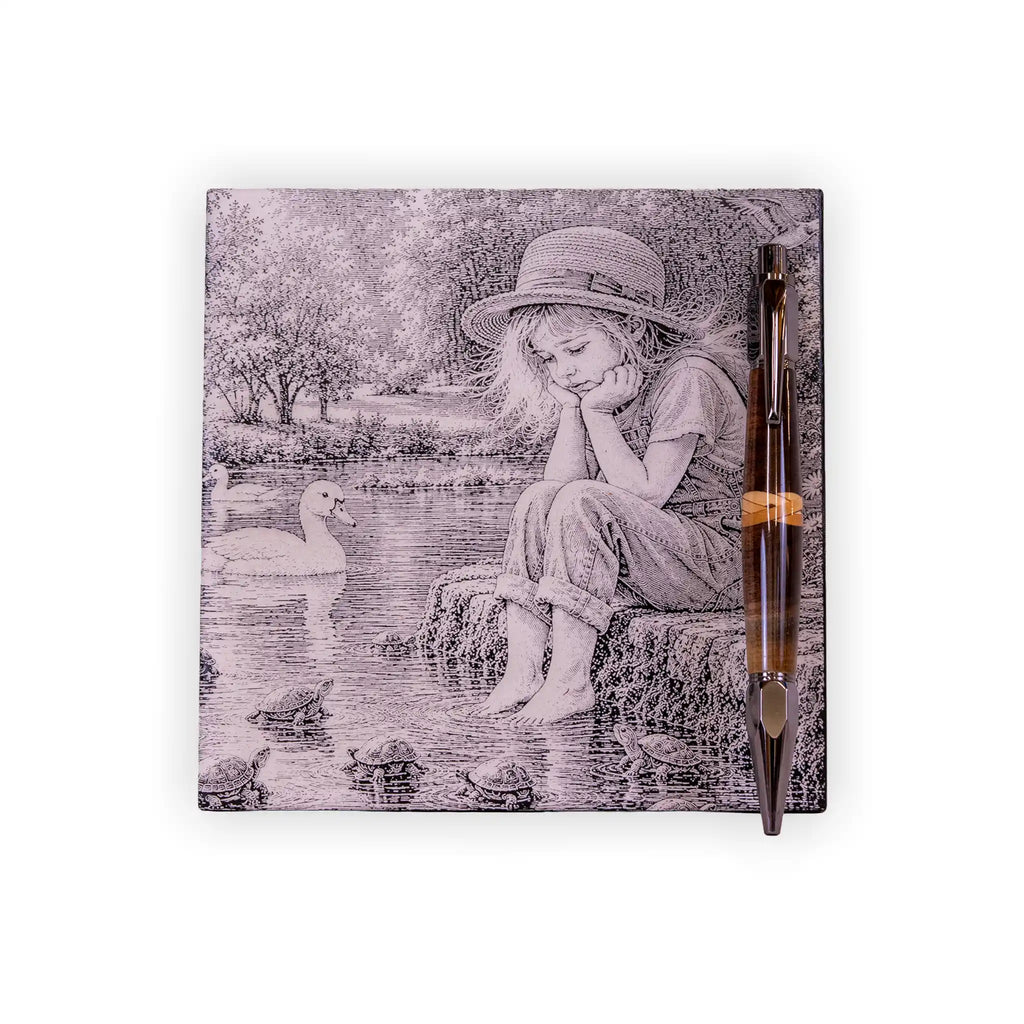 Girl by the River Engraved Ceramic Art Tile – 6-Inch Nature Scene