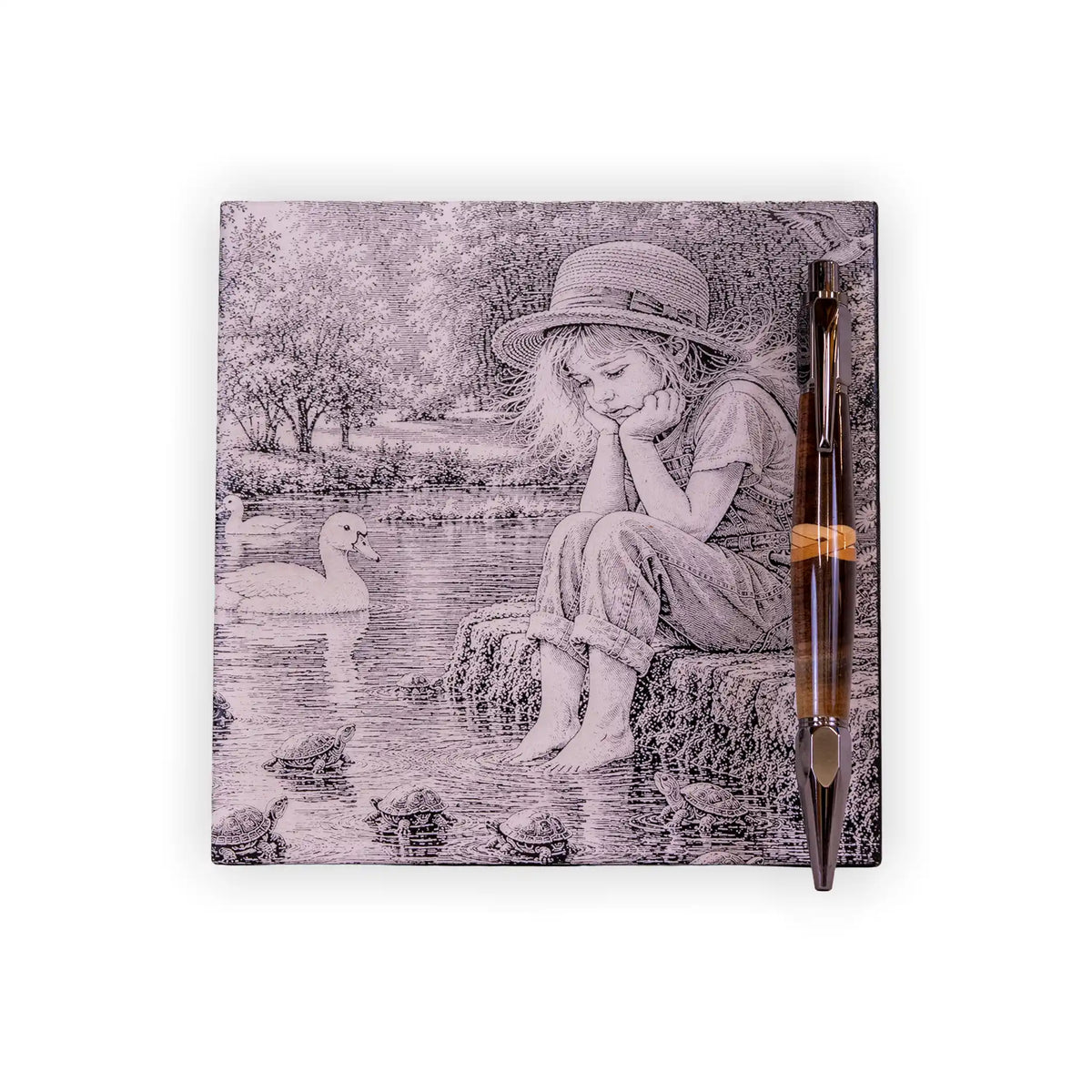 Girl by the River Engraved Ceramic Art Tile – 6-Inch Nature Scene