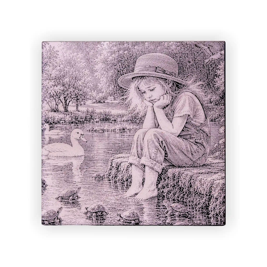 Girl by the River Engraved Ceramic Art Tile – 6-Inch Nature Scene
