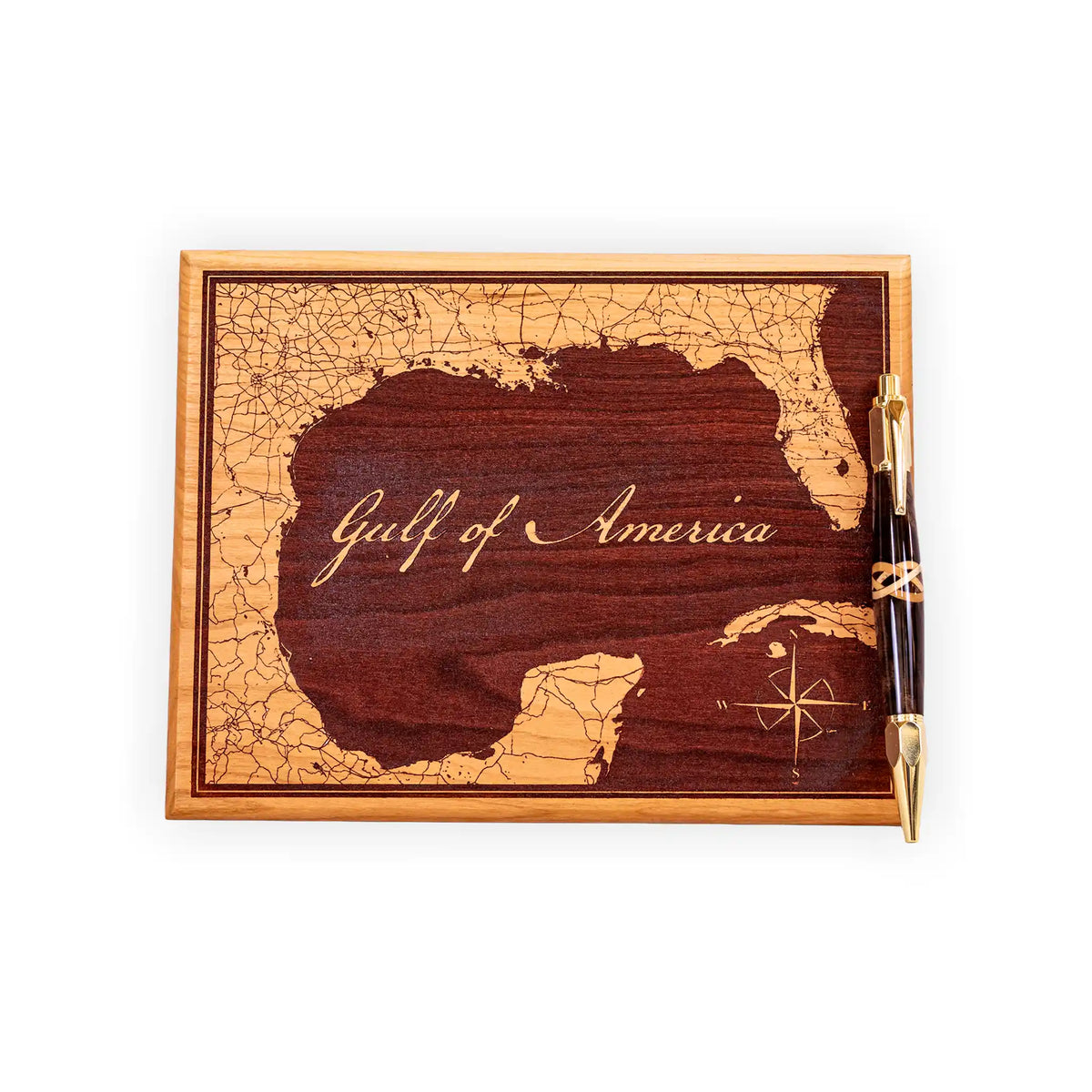 Handcrafted Gulf of America Map – Engraved Cherry Wood Wall Plaque