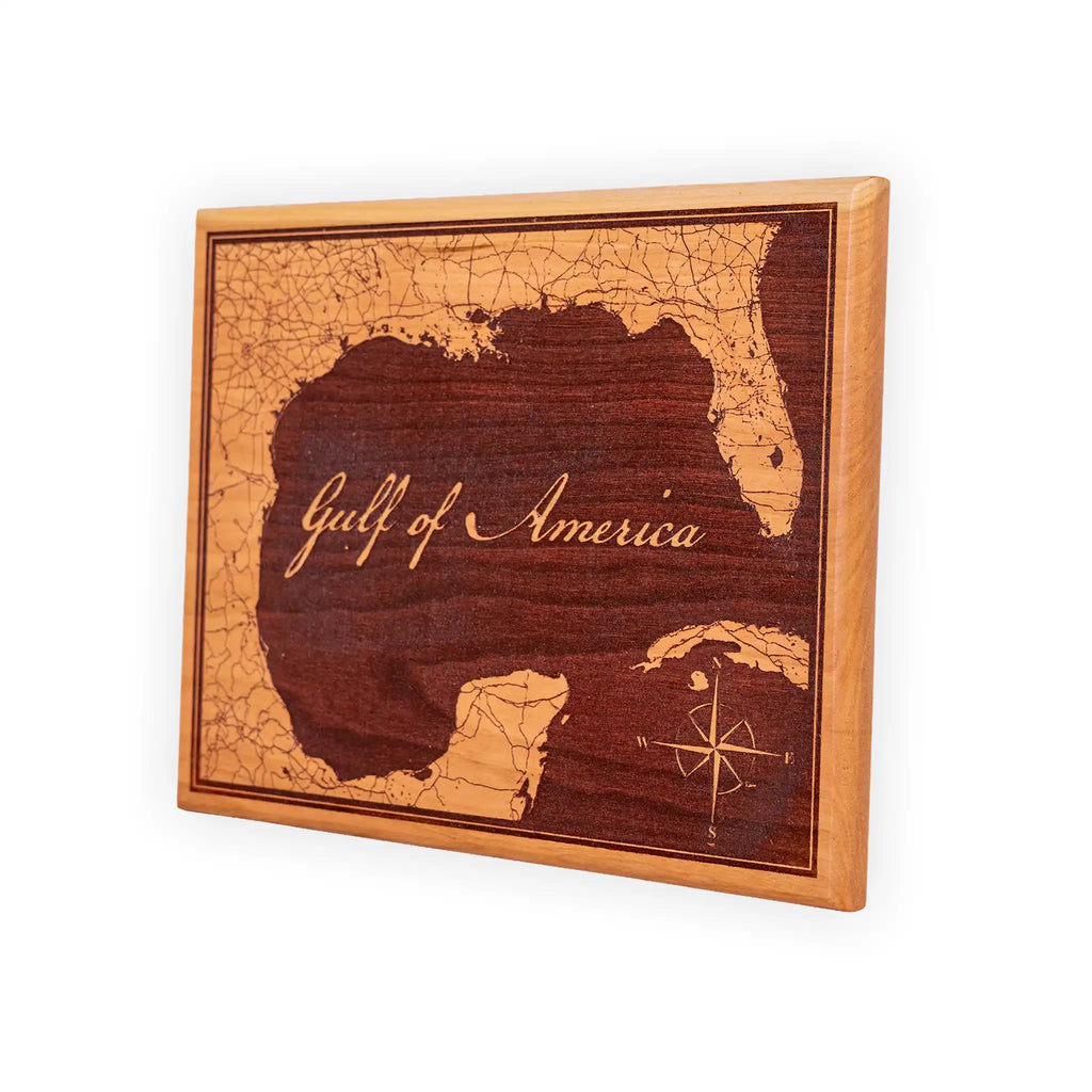 Handcrafted Gulf of America Map – Engraved Cherry Wood Wall Plaque