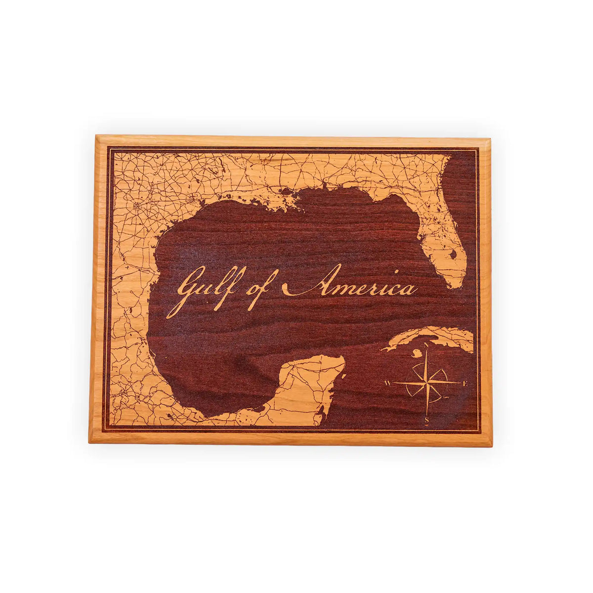 Handcrafted Gulf of America Map – Engraved Cherry Wood Wall Plaque