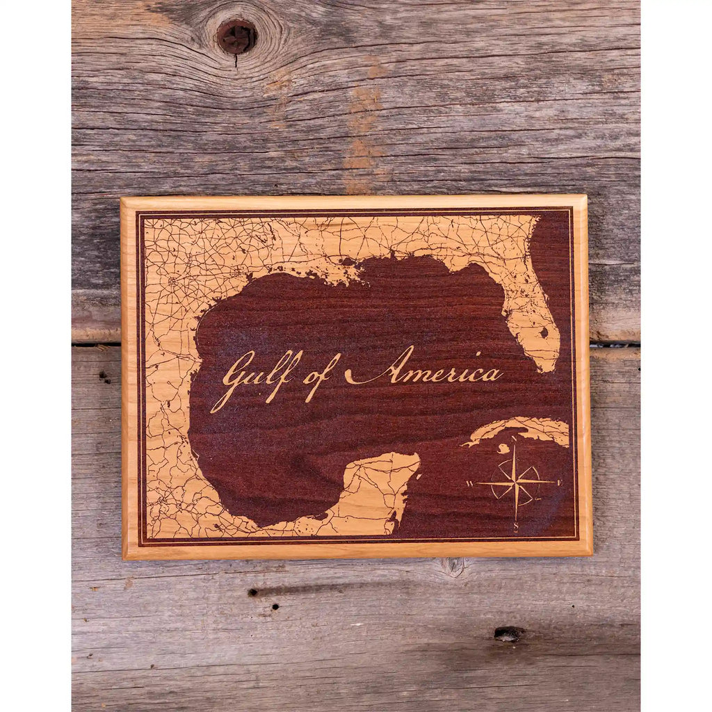 Handcrafted Gulf of America Map – Engraved Cherry Wood Wall Plaque