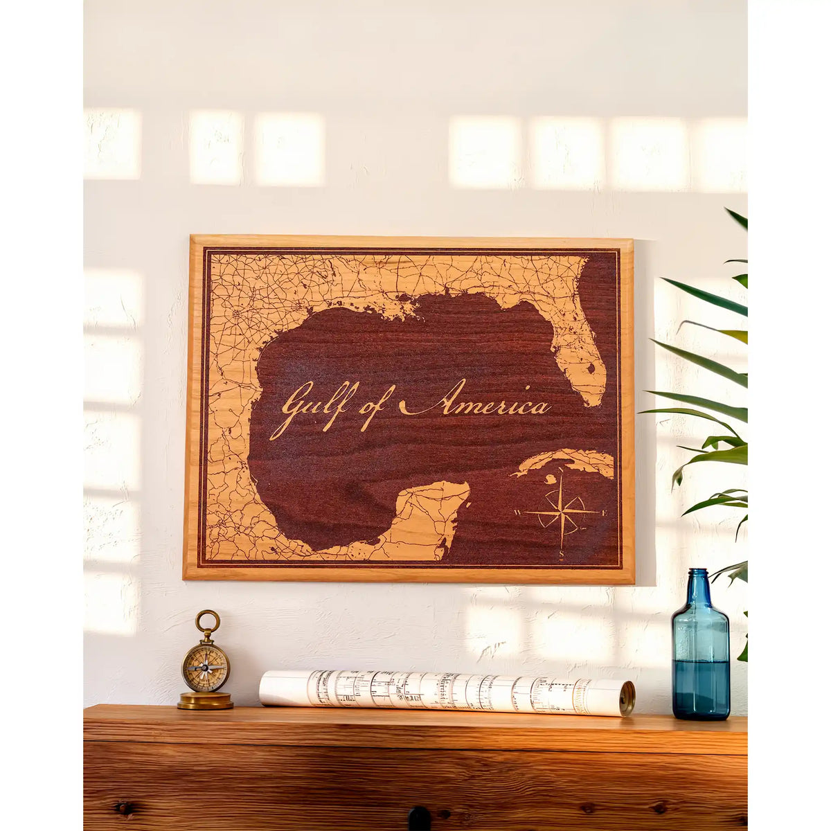 Handcrafted Gulf of America Map – Engraved Cherry Wood Wall Plaque