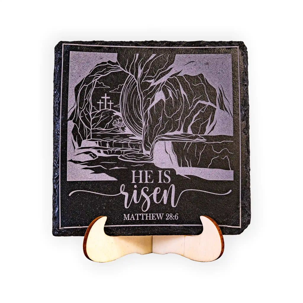 He Is Risen Matthew 28:6 Engraved Slate Coaster – Christian Easter Décor