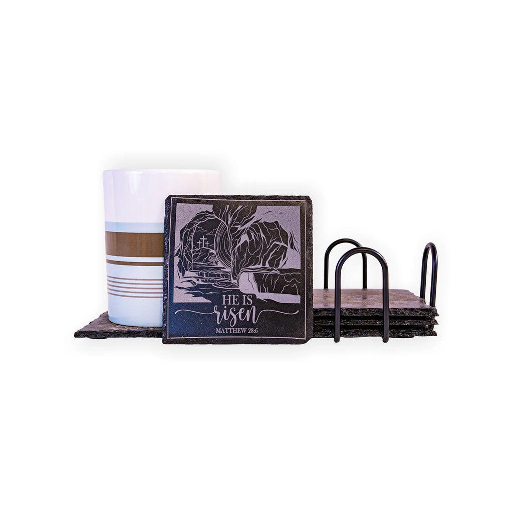 He Is Risen Matthew 28:6 Engraved Slate Coaster – Christian Easter Décor