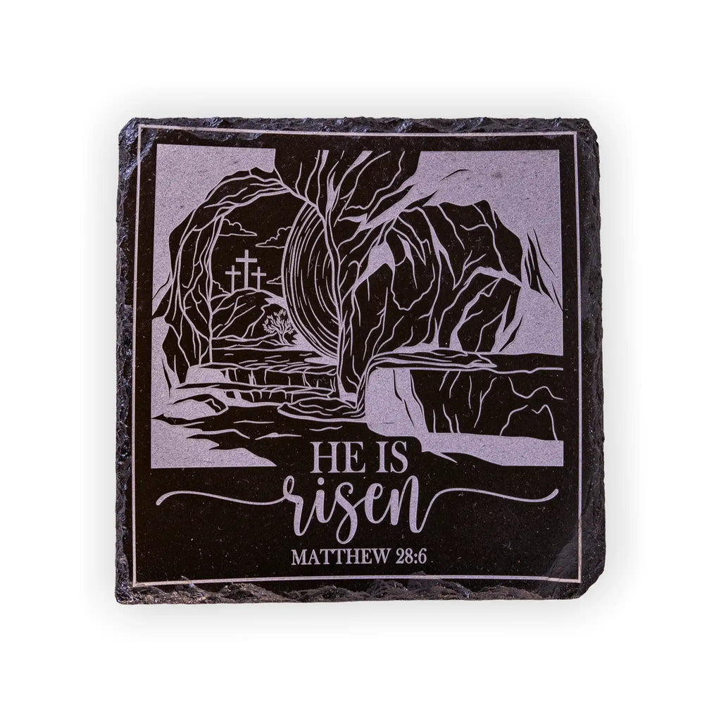 He Is Risen Matthew 28:6 Engraved Slate Coaster – Christian Easter Décor