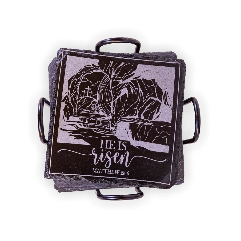 He Is Risen Matthew 28:6 Engraved Slate Coaster – Christian Easter Décor