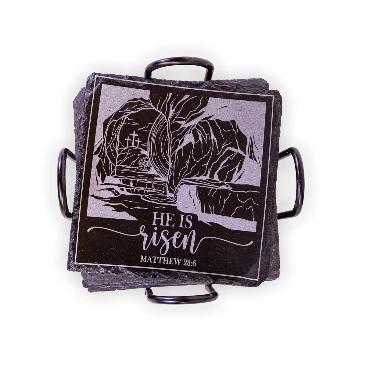 He Is Risen Matthew 28:6 Engraved Slate Coaster – Christian Easter Décor