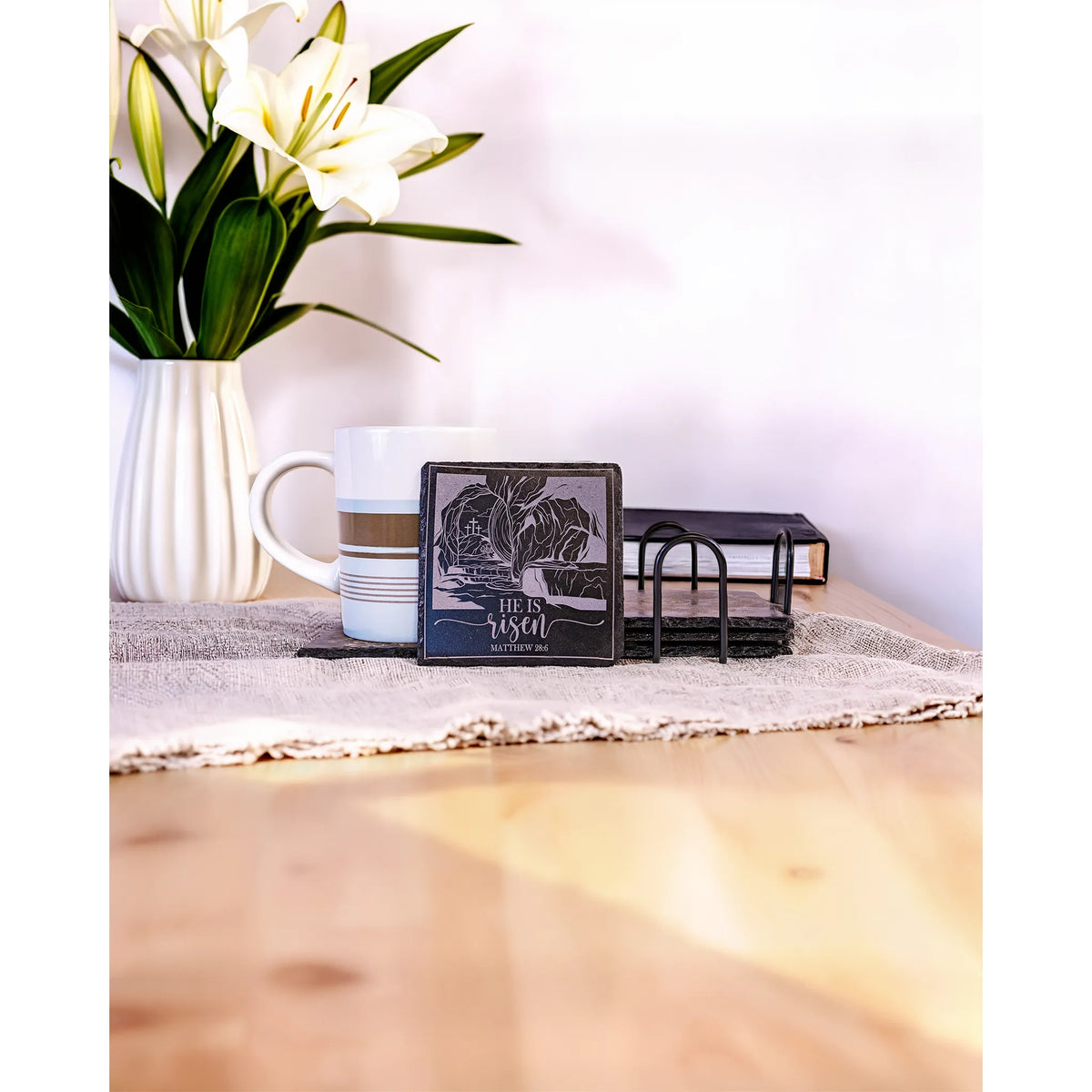 He Is Risen Matthew 28:6 Engraved Slate Coaster – Christian Easter Décor