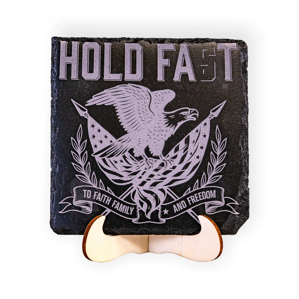 Hold Fast to Faith, Family and Freedom Engraved Slate Coaster – Patriotic Eagle Design