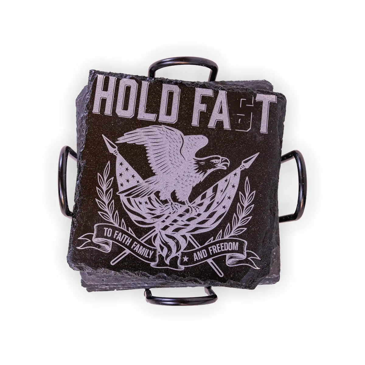 Hold Fast to Faith, Family and Freedom Engraved Slate Coaster – Patriotic Eagle Design