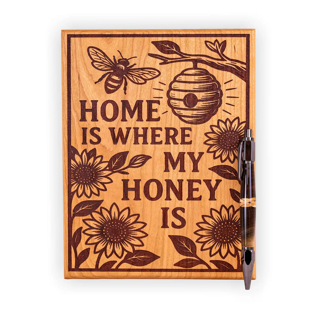 Home Is Where My Honey Is Engraved Cherry Wood Sign – Bee and Sunflower Décor