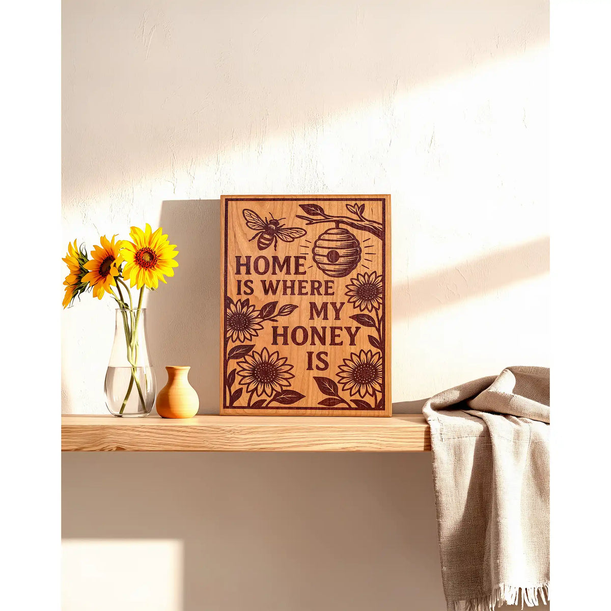 Home Is Where My Honey Is Engraved Cherry Wood Sign – Bee and Sunflower Décor
