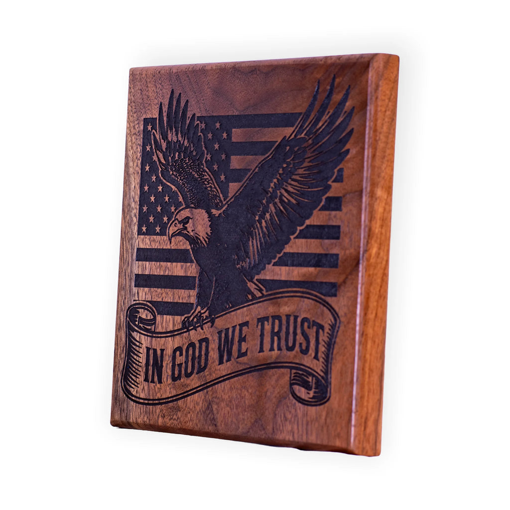 Handcrafted Walnut “In God We Trust” Wall Plaque – Engraved Eagle and American Flag Décor