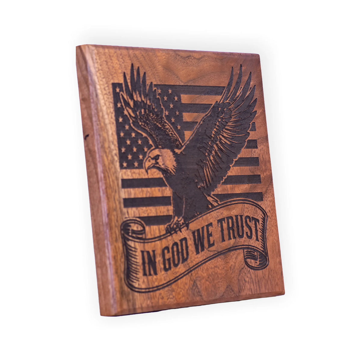 Handcrafted Walnut “In God We Trust” Wall Plaque – Engraved Eagle and American Flag Décor