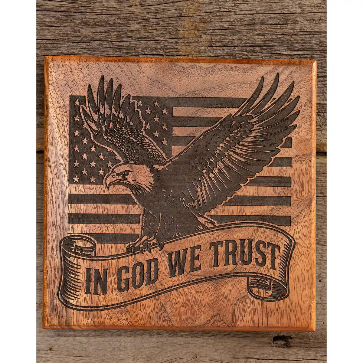Handcrafted Walnut “In God We Trust” Wall Plaque – Engraved Eagle and American Flag Décor