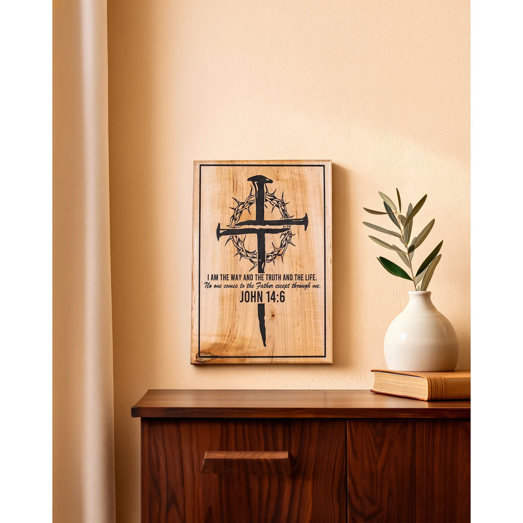 John 14:6 Christian Wall Art – Handcrafted Engraved Maple Cross Plaque