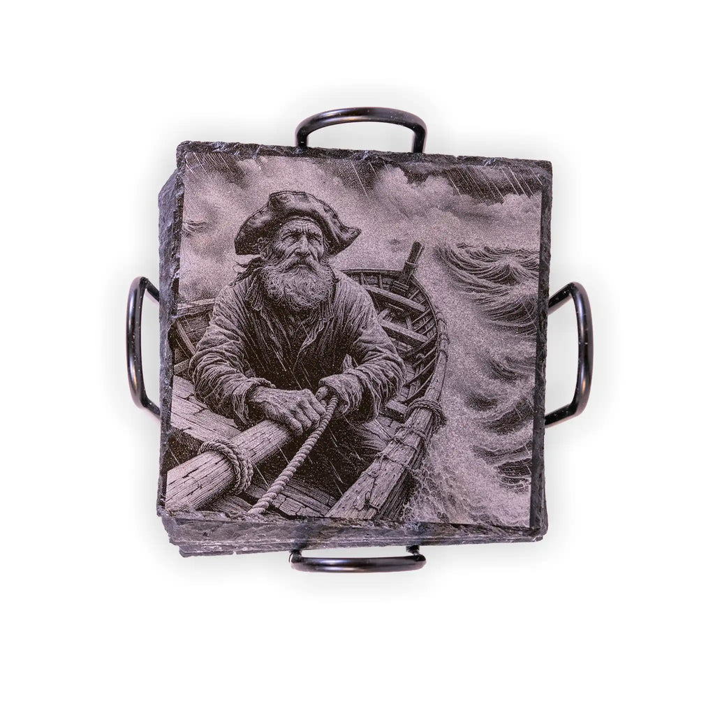 Old Man of the Sea Engraved Slate Coaster – Rustic Fisherman Nautical Art