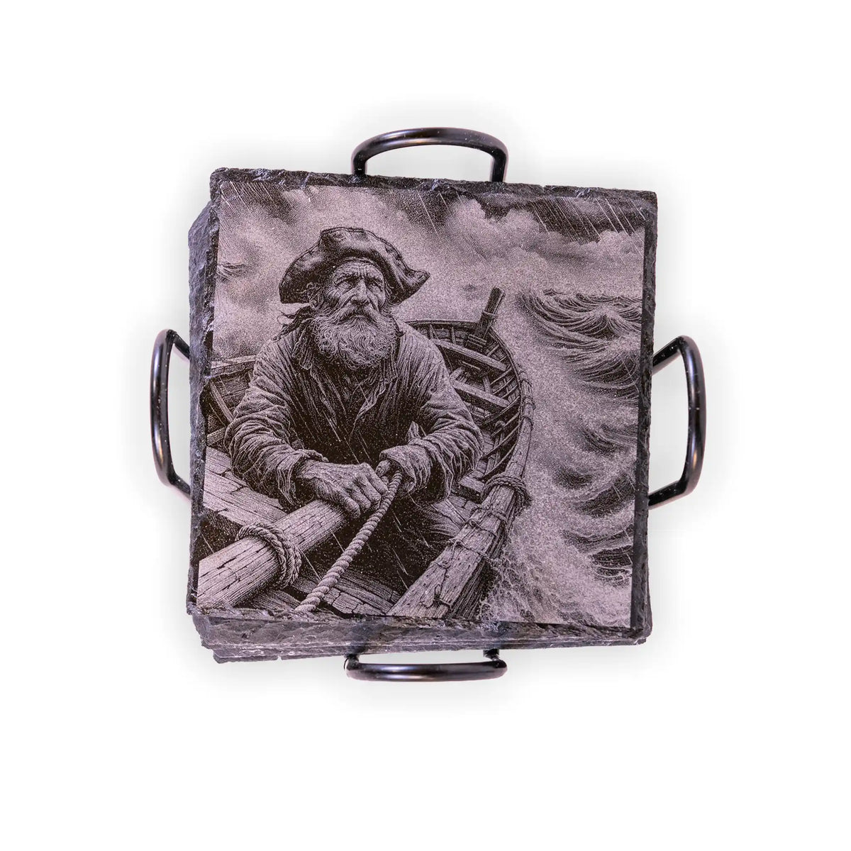 Old Man of the Sea Engraved Slate Coaster – Rustic Fisherman Nautical Art