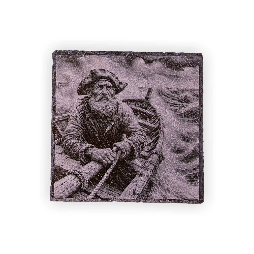 Old Man of the Sea Engraved Slate Coaster – Rustic Fisherman Nautical Art