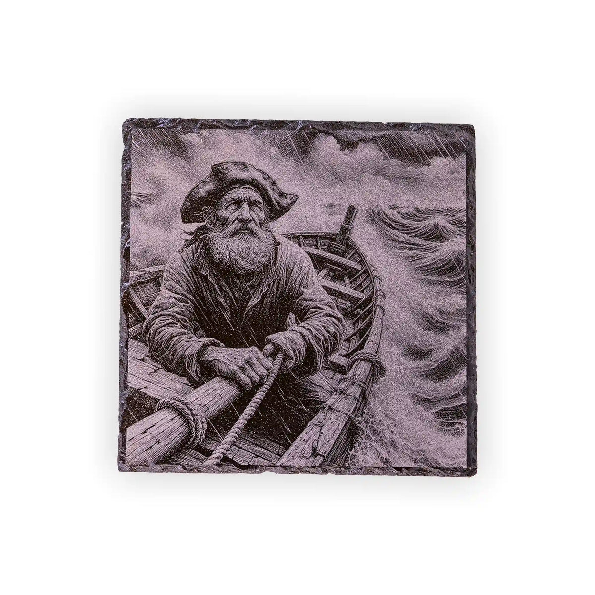 Old Man of the Sea Engraved Slate Coaster – Rustic Fisherman Nautical Art