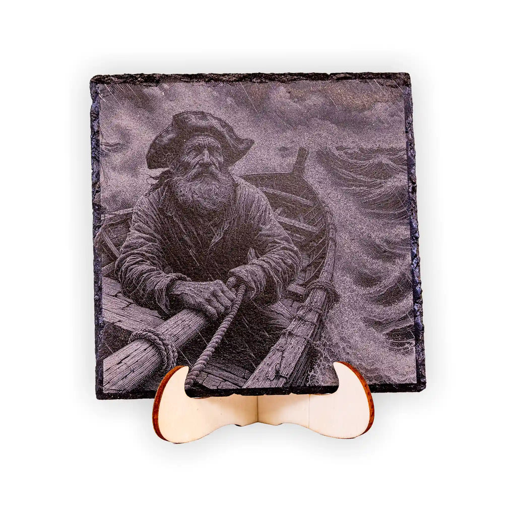 Old Man of the Sea Engraved Slate Coaster – Rustic Fisherman Nautical Art