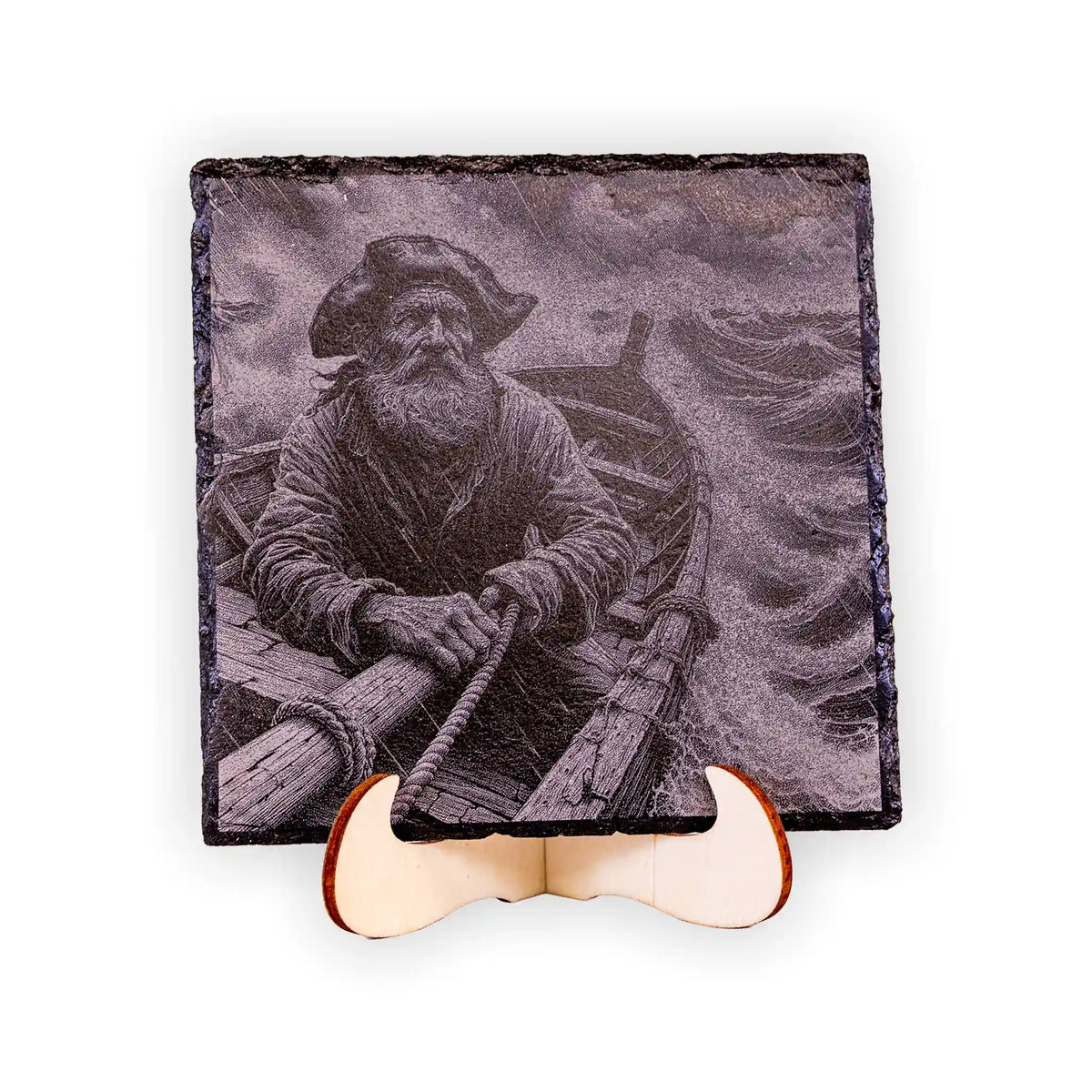 Old Man of the Sea Engraved Slate Coaster – Rustic Fisherman Nautical Art