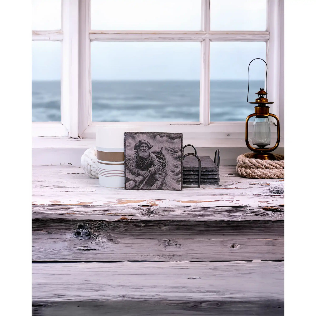 Old Man of the Sea Engraved Slate Coaster – Rustic Fisherman Nautical Art
