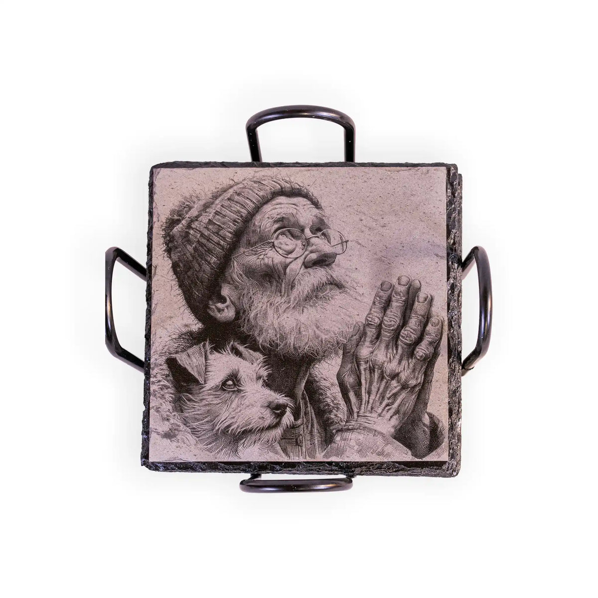 Praying Man and Dog Engraved Slate Coaster Set – Christian Dog Lover Gift