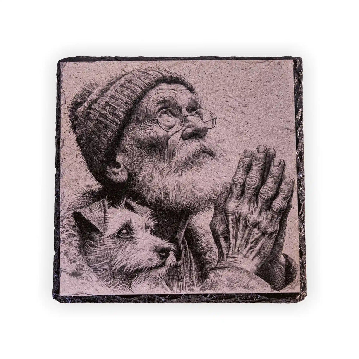 Praying Man and Dog Engraved Slate Coaster Set – Christian Dog Lover Gift