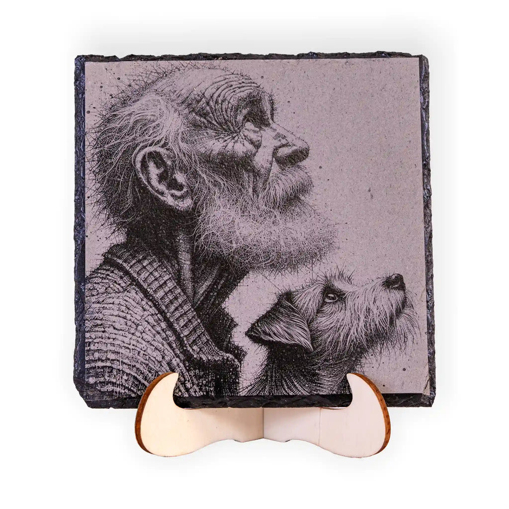 Old Man and Dog Engraved Slate Coaster Set – Sentimental Dog Lover Gift with Holder