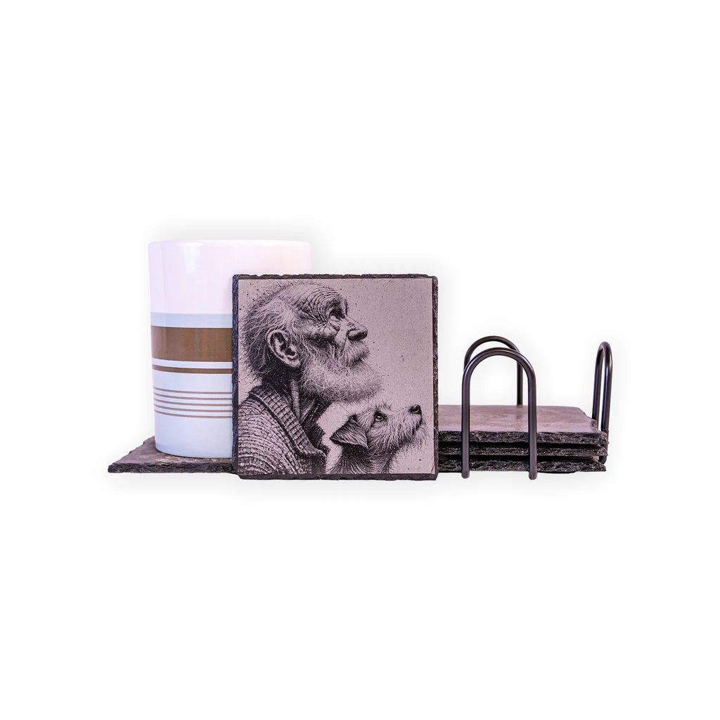 Old Man and Dog Engraved Slate Coaster Set – Sentimental Dog Lover Gift with Holder