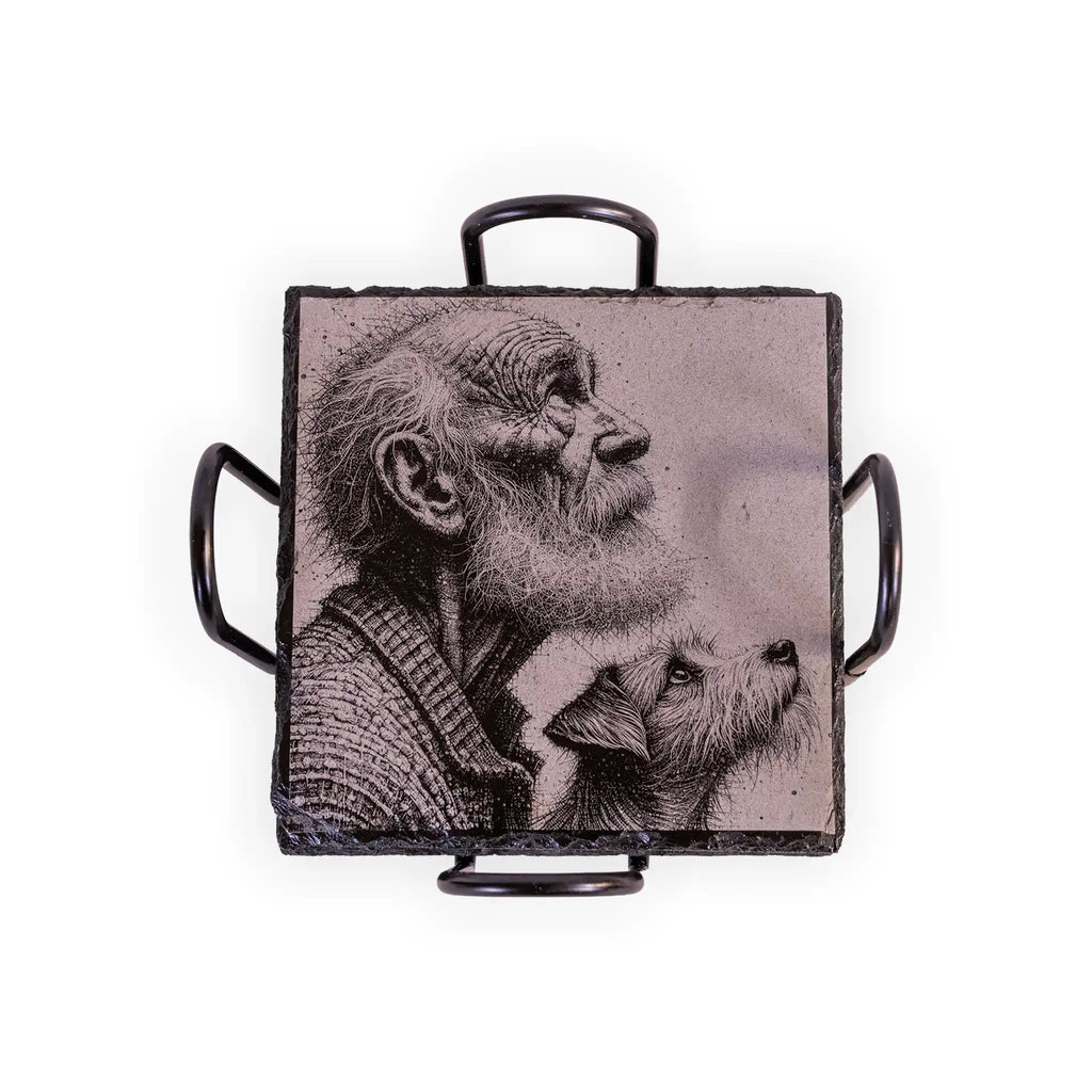 Old Man and Dog Engraved Slate Coaster Set – Sentimental Dog Lover Gift with Holder