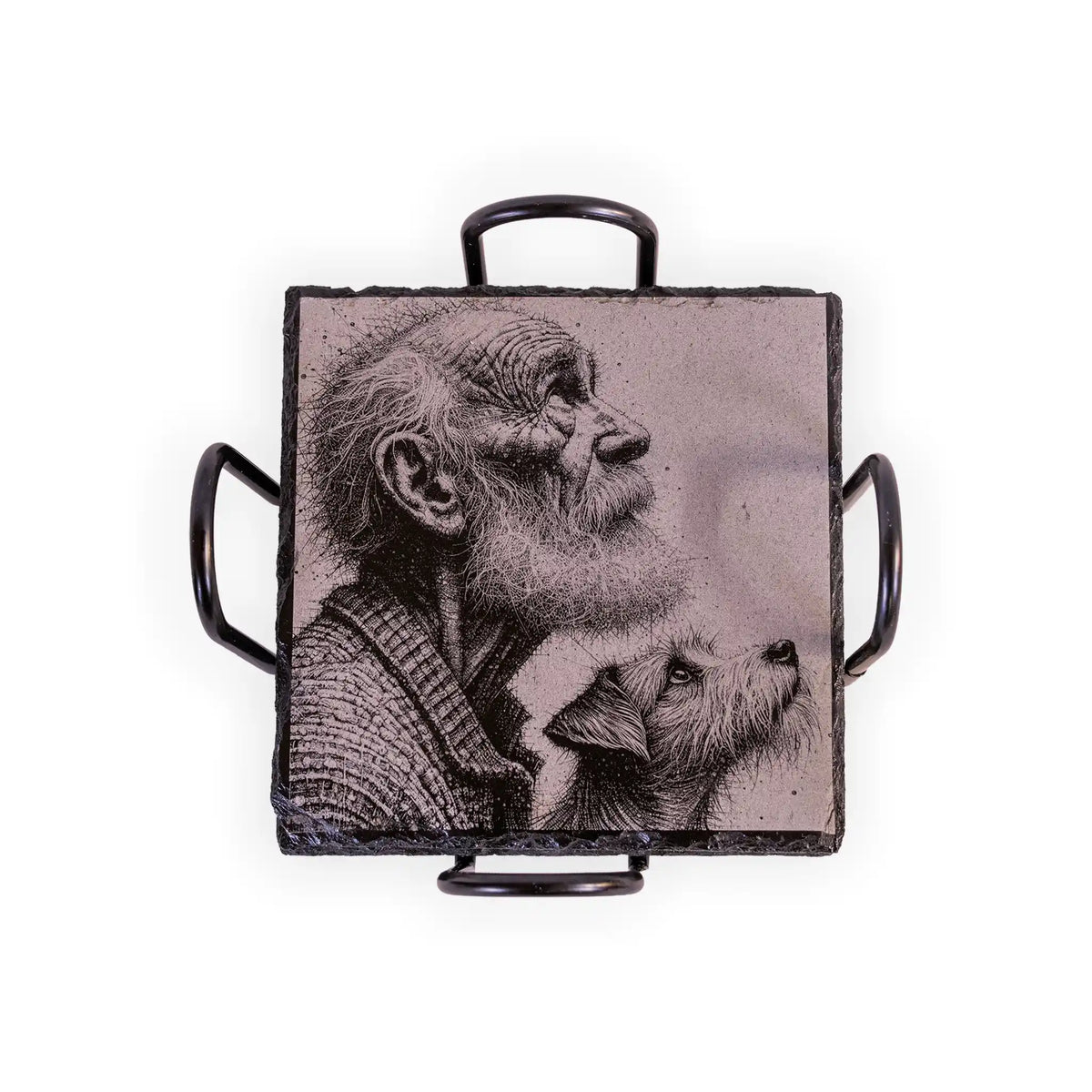 Old Man and Dog Engraved Slate Coaster Set – Sentimental Dog Lover Gift with Holder