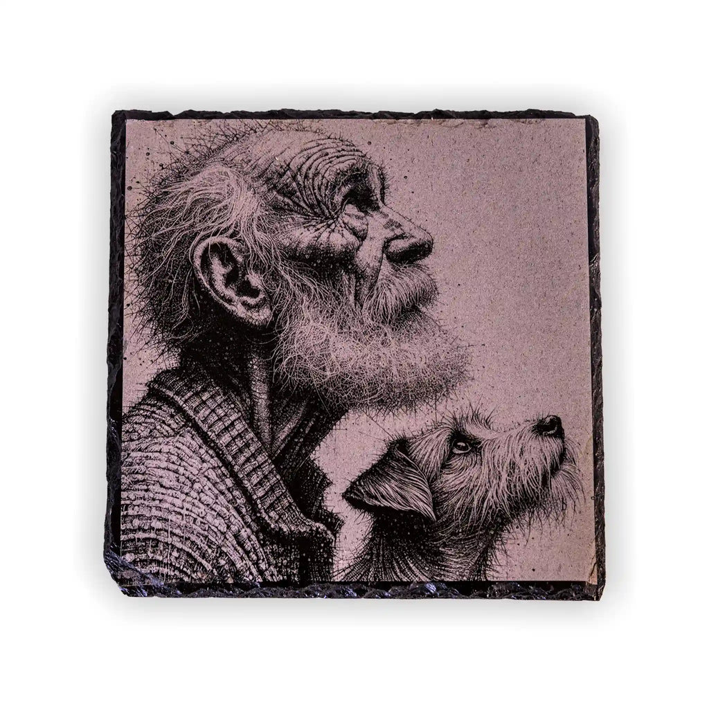 Old Man and Dog Engraved Slate Coaster Set – Sentimental Dog Lover Gift with Holder