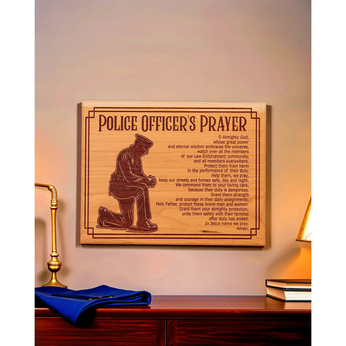 Police Officer’s Prayer Plaque – Handcrafted Engraved Cherry Wood Law Enforcement Wall Art